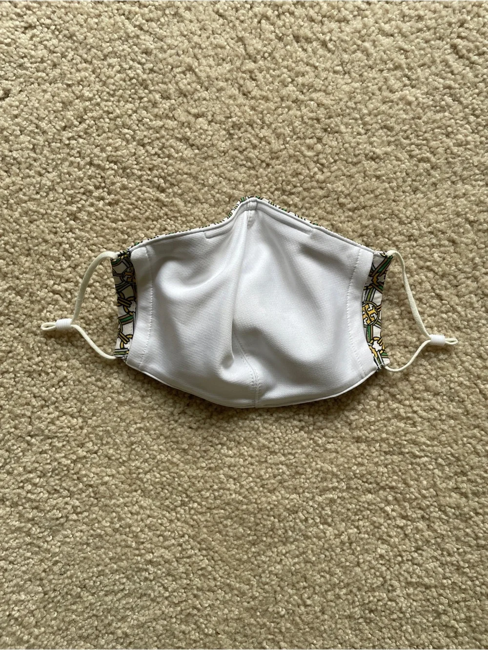 Tory Burch White Face Mask with Green and Gold Chain-Link Pattern